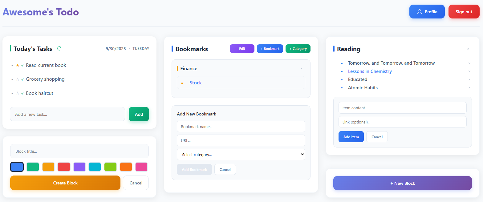 Dynamic Personal Task & Bookmark Dashboard